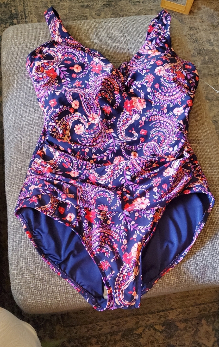 Womens' Floral Paisley Navy One-Piece Swimsuit Lands End Large Nwot